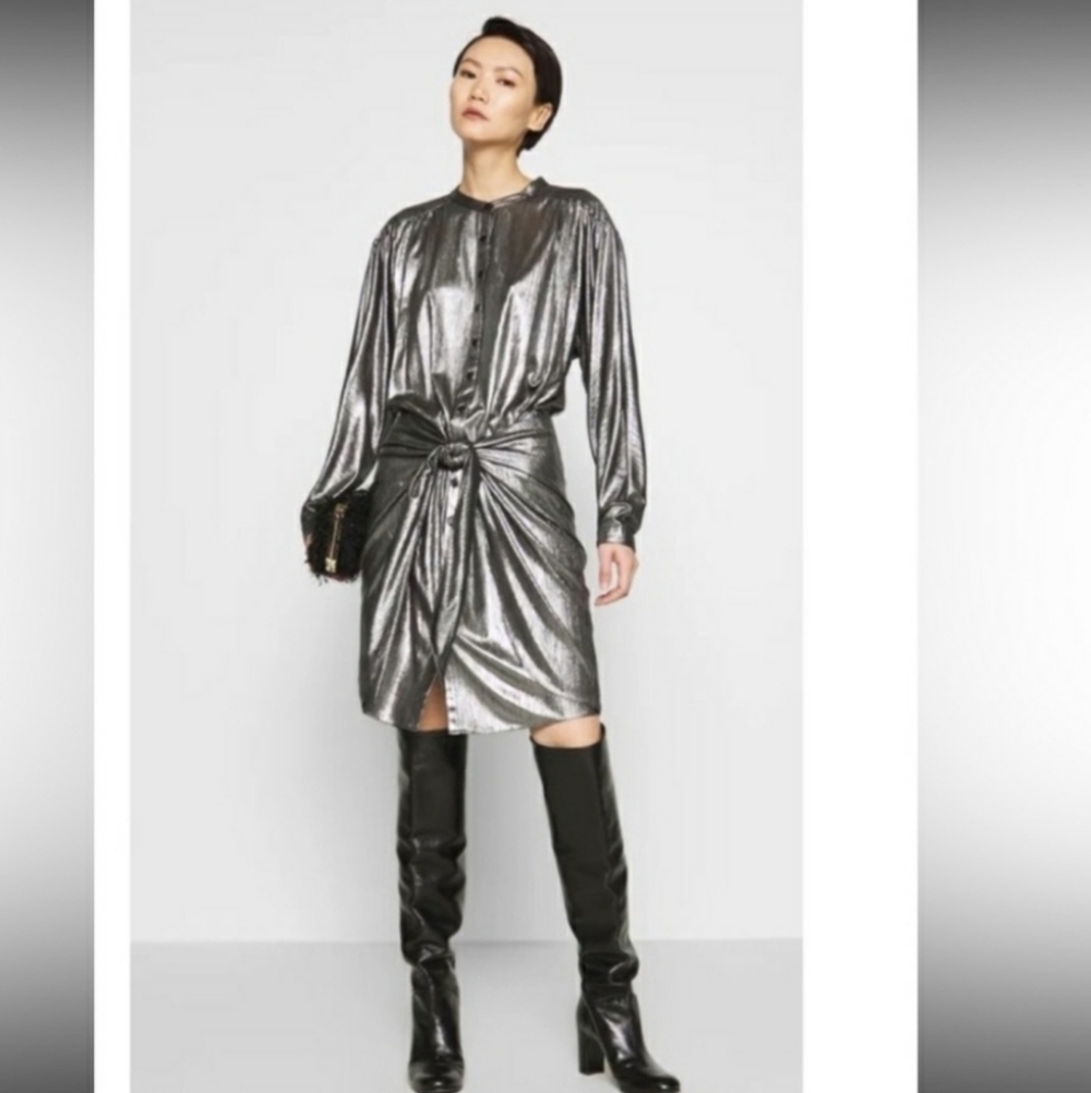 Rebecca Minkoff Metallic Silver Midi Dress with Front Knot